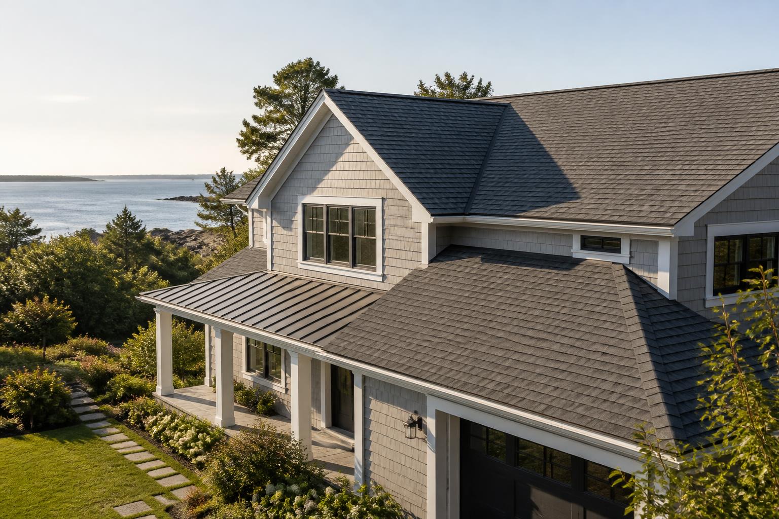 Freshly finished roof on a modern home in natural light.
